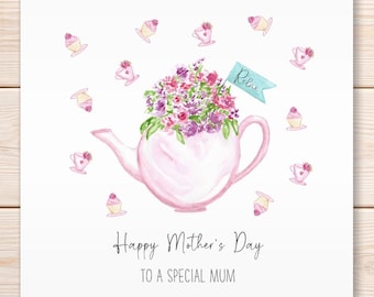 Happy Mother's Day Card, Floral Teapot, Flowers, Afternoon Tea, Mothering Sunday Greeting Card, Watercolour Greeting Card, Mothers Day