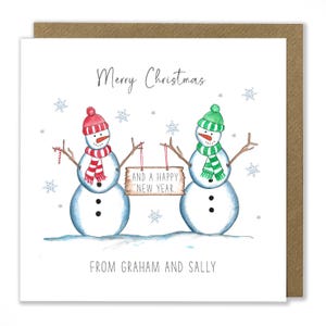 Carte personnalisée de bonhomme de neige de Noël, carte de joyeux Noël, carte de bonne année, carte de Noël de famille
