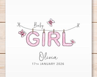 Personalised Baby Girl Card, Congratulations Card, Baby Girl Card, New Baby Card, Handmade Watercolour Greeting Card