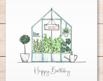 Personalised Greenhouse Birthday Card, Gardening Card, Watercolour Greeting Card