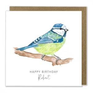 Carte d'anniversaire personnalisée mésange bleue, carte oiseau, carte de voeux aquarelle
