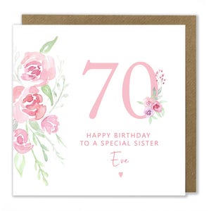 Carte d'anniversaire personnalisée pour 70 ans, 70 ans, carte d'anniversaire pour femme, amie, grand-mère, tante, soeur, belle-sœur, carte de voeux florale rose