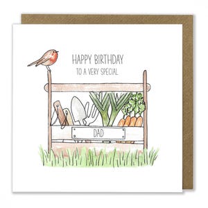Carte d'anniversaire de jardinage, carte d'outil de jardinage et de légumes, carte de voeux de jardinier