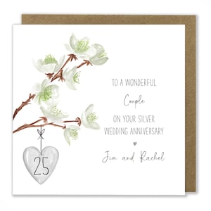 Carte d'anniversaire personnalisée en argent, carte 25e anniversaire de mariage, carte fleur fleur, carte de félicitations