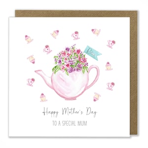 Carte de fête des mères heureuse, théière florale, fleurs, thé de l'après-midi, carte de voeux dimanche des mères, carte de voeux aquarelle, fête des mères