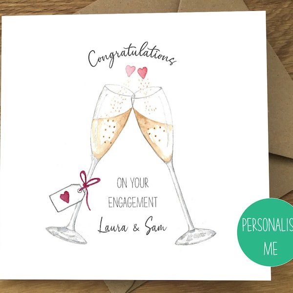 Engagement Card/Wine Glasses/Congratulations On Your Engagement/Personalised Names/Greeting Card
