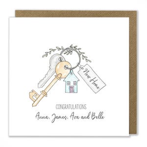 Puede incluir: Una ilustraci&oacute;n de acuarela de una llave de casa con una etiqueta que dice "Nuevo hogar". La llave est&aacute; unida a un anillo con un peque&ntilde;o amuleto de casa. El texto "Felicidades Anna, James, Ava y Belle" est&aacute; escrito debajo de la ilustraci&oacute;n.