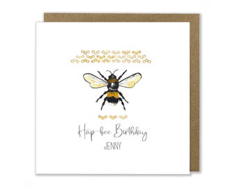 Personalised Bumble Bee Birthday Card, Hap-Bee Birthday, Bee Lover Greeting Card