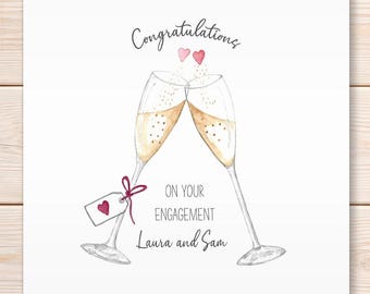 Personalised Engagement Card, Congratulations On Your Engagement, Cheers, Wine Glass, Champagne Glasses, Greeting Card