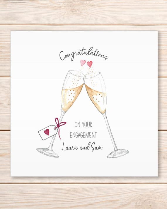 Personalised Engagement Card, Congratulations On Your Engagement, Cheers, Wine Glass, Champagne Glasses, Greeting Card