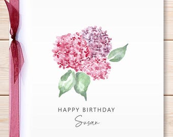 Personalised Hydrangea Birthday Card, Happy Birthday Card, Female Birthday Card