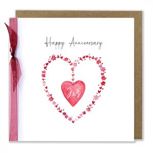 Personalised Anniversary Greeting Card, Watercolour Heart Card, Initials Card, Happy Anniversary