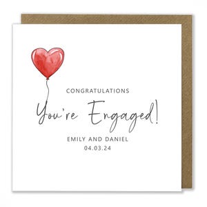 Carte de fiançailles personnalisée, fiançailles, félicitations pour vos fiançailles, ballon coeur, date de fiançailles