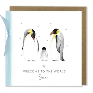 Carte personnalisée de bébé garçon, carte de nouveau-né, carte de bienvenue dans le monde, carte de bébé pingouin, carte de bébé garçon