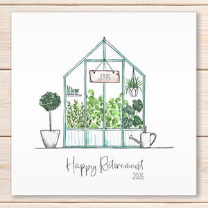 Personalised Retirement Greenhouse Card, Gardening Card, Happy Retirement, Watercolour Handmade Greeting Card image 1