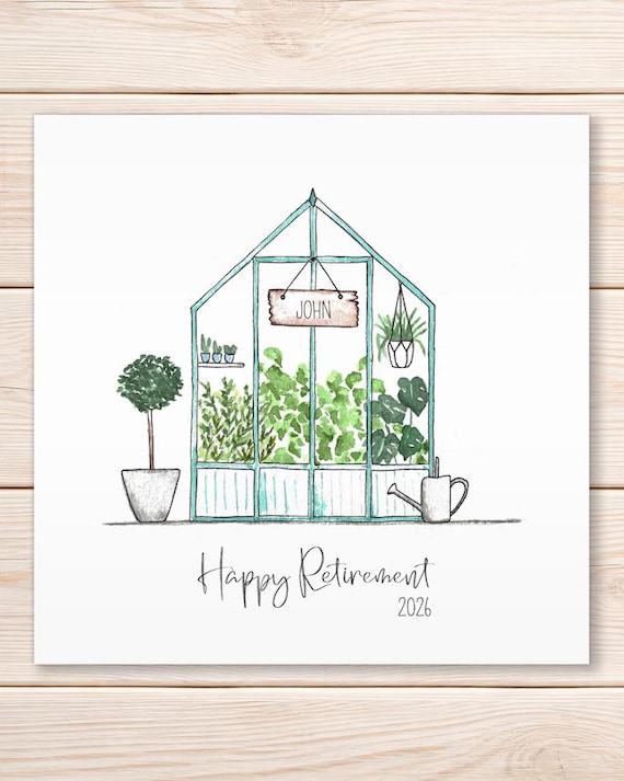 Personalised Retirement Greenhouse Card, Gardening Card, Happy Retirement, Watercolour Handmade Greeting Card