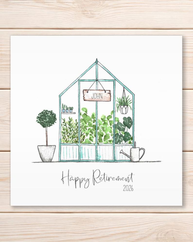 Personalised Retirement Greenhouse Card, Gardening Card, Happy Retirement, Watercolour Handmade Greeting Card image 1