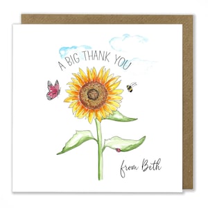Carte de remerciement personnalisée, un grand merci, carte de voeux tournesol