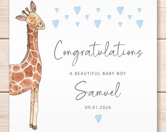 Personalised Baby Boy Card, New Baby Boy, Welcome to the World, Congratulations, Beautiful Baby Boy, New arrival, Giraffe, Greeting Card