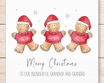 Personalised Gingerbread Kids Grandparent, Parent Christmas Card, Watercolour Design, Festive Greeting