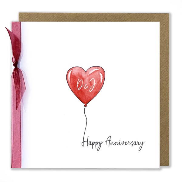 Personalised Anniversary Greeting Card, Watercolour Heart Balloon, Initials Card