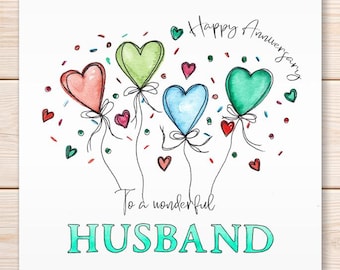 Husband Wedding Anniversary Greeting Card, Heart Balloon Card