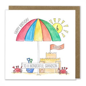 Carte d'anniversaire personnalisée sur la plage pour enfants, carte château de sable, carte de voeux pour enfant