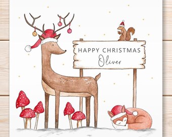 Personalised Watercolour Woodland Animals Christmas Card, Festive Greeting
