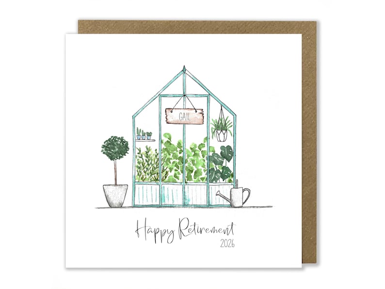 Personalised Retirement Greenhouse Card, Gardening Card, Happy Retirement, Watercolour Handmade Greeting Card image 3