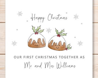 Personalised First Christmas Together Pudding Card, Watercolour Festive Greeting