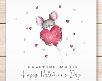 Personalised Daughter Valentine's Day Greeting Card, Mouse, Heart Balloon, Cute Greeting Card
