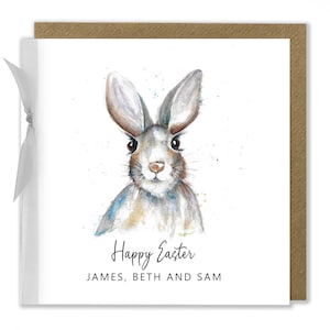 Carte personnalisée de lapin de Pâques, carte de Joyeuses Pâques, faune, nature, printemps, carte faite main aquarelle