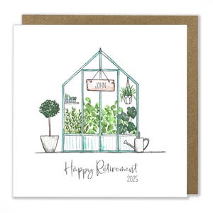 Carte de serre de retraite personnalisée, carte de jardinage, bonne retraite, carte de voeux aquarelle faite main
