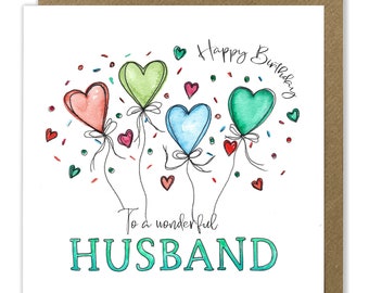 Husband Birthday Card, Heart Balloon Birthday Card, Happy Birthday Greeting Card