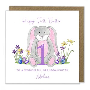 Première carte personnalisée de lapin de Pâques, joyeuses 1ères cartes de Pâques, petite fille, lapin, oeufs, jolie carte de Pâques, fille, petite-fille