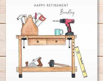 Personalised Retirement Woodwork Card, Happy Retirement, Watercolour Handmade Greeting Card