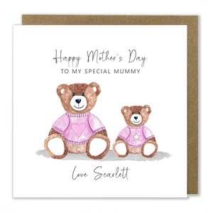 Carte de fête des mères personnalisée pour maman, fille, maman et enfant, ours en peluche, dimanche des mères, jolie carte, carte de voeux pour la fête des mères