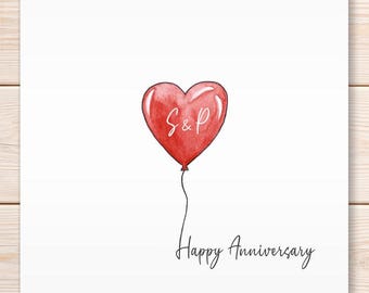 Personalised Anniversary Greeting Card, Watercolour Heart Balloon, Initials Card