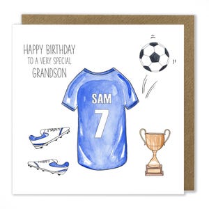 Carte d'anniversaire de football personnalisée, carte de maillot de football bleu, carte de voeux de joyeux anniversaire