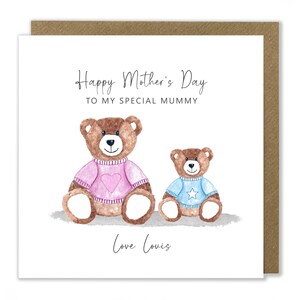 Carte personnalisée de fête des mères pour maman, garçon, maman et enfant, ours en peluche, dimanche des mères, jolie carte, carte de voeux pour la fête des mères