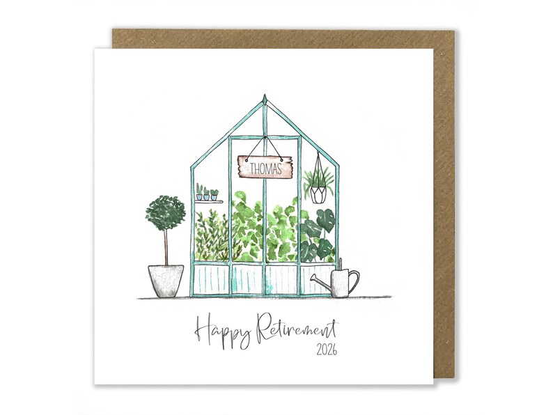 Personalised Retirement Greenhouse Card, Gardening Card, Happy Retirement, Watercolour Handmade Greeting Card image 4