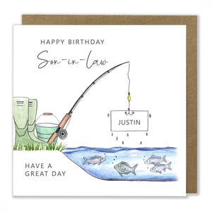 Carte d'anniversaire de pêche personnalisée, poisson, carte de passe-temps, fils, gendre, frère, beau-frère, carte de voeux aquarelle faite main
