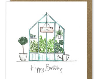 Personalised Greenhouse Birthday Card, Gardening Card, Watercolour Greeting Card