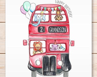 Personalised Party Bus Birthday Card, Children's Party Animals, Red Bus Card