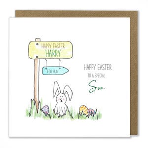 Carte de Pâques personnalisée pour garçon, carte de lapin de Pâques, carte d'oeuf de Pâques, carte de joyeuses Pâques, carte de voeux aquarelle faite main