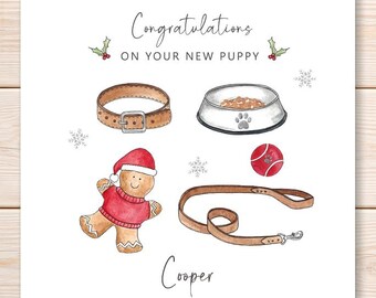 Personalised Watercolour New Puppy Card, Festive Greeting