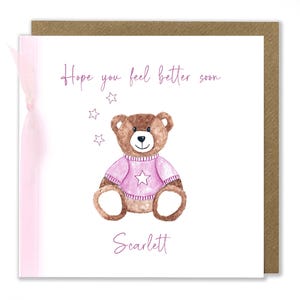 Carte personnalisée Les filles se rétablissent bientôt, J'espère que vous vous sentirez mieux bientôt, Ours en peluche rose, Enfant, Carte pour enfants, Carte de voeux