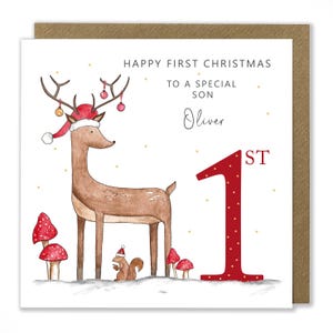 1er Noël personnalisé, 1er Noël de bébé, Animaux de la forêt, Jolie carte de Noël, Carte pour enfants, Carte de voeux