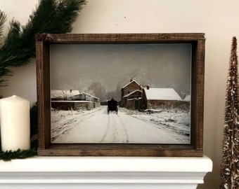 Framed Vintage Art Christmas Wooden Sign, Winter Vintage Art Print