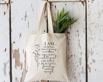 Affirmations Tote Bag, I am Enough Reusable Shopping bag